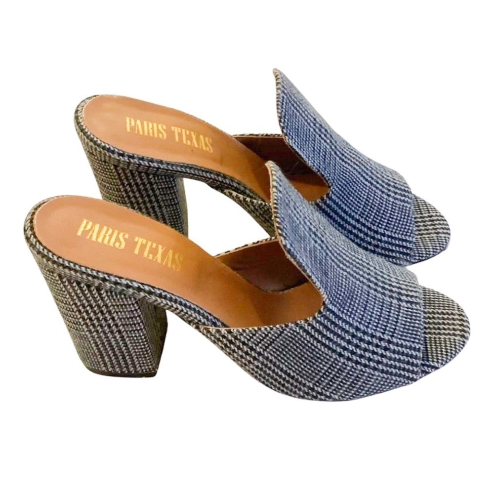 Paris Texas Vernice Tweed Plaid Block Heel Mules Gray Block RARE sz 38.5